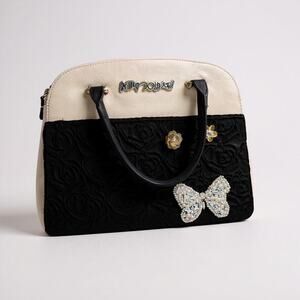 Betsey Johnson Dome Triple Comp satchel bag black velvet rose-quilted body cream